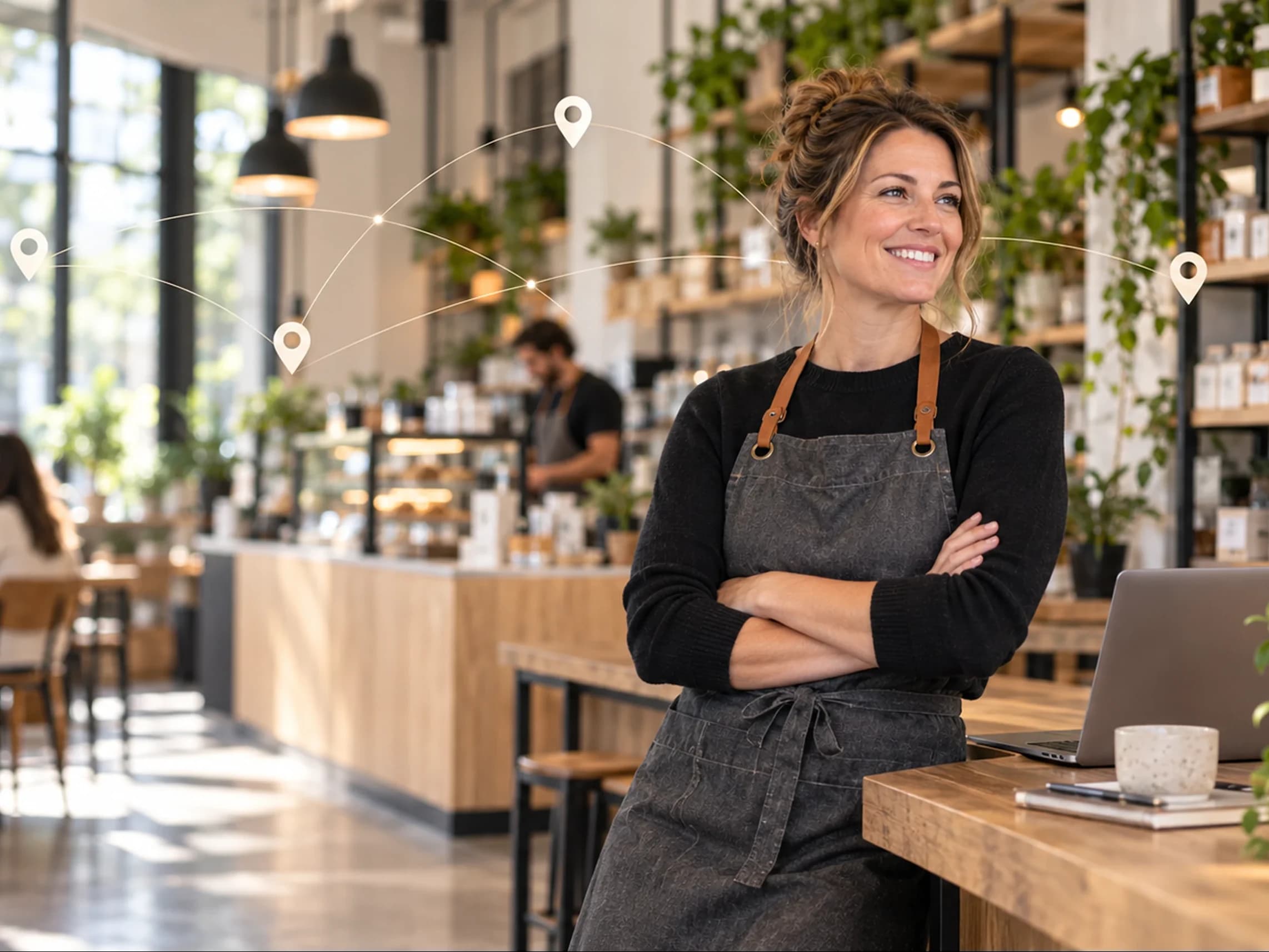 A smiling café owner standing in her busy shop, with location pins linked across the room