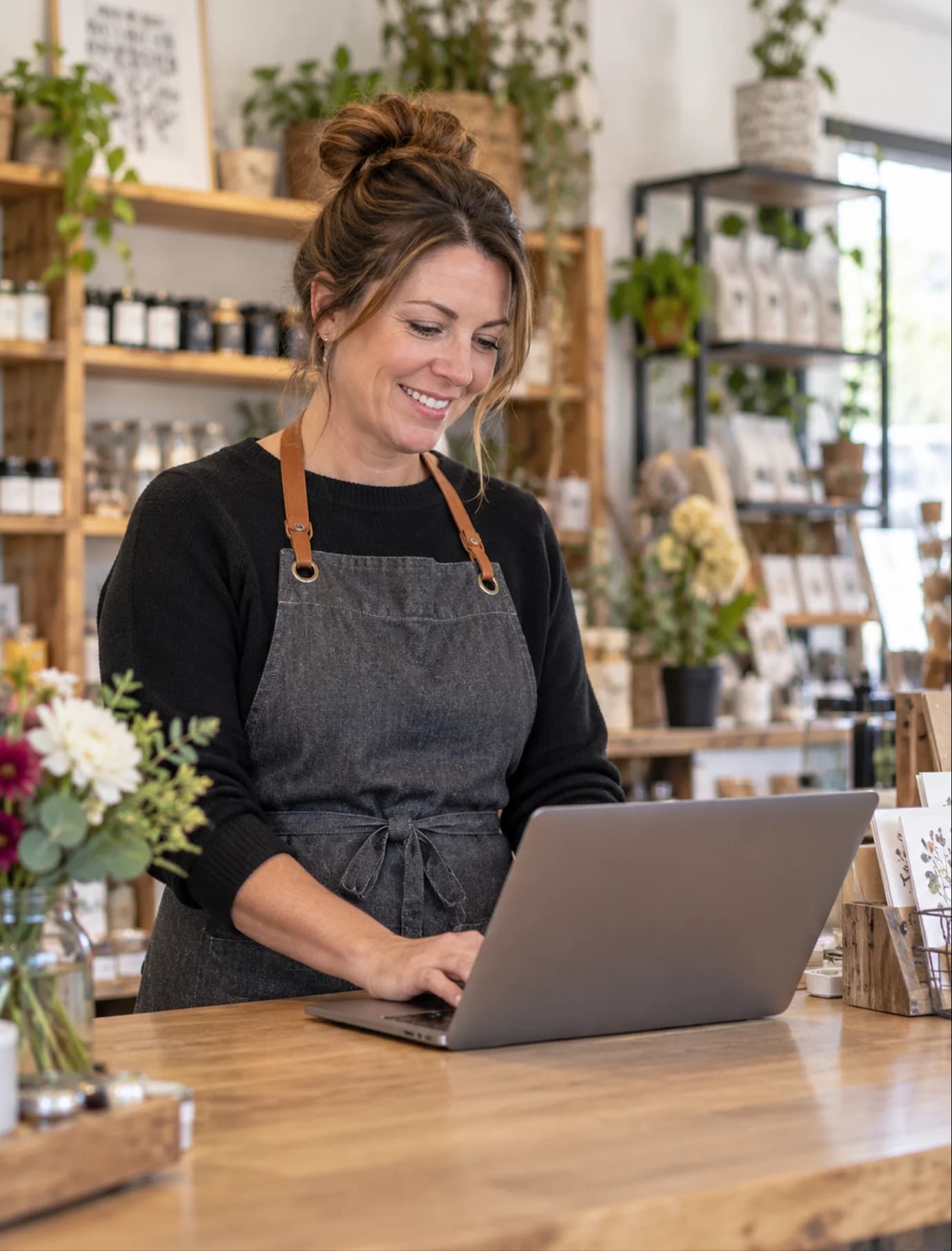 A shop owner smiling as she works on her laptop at the counter
